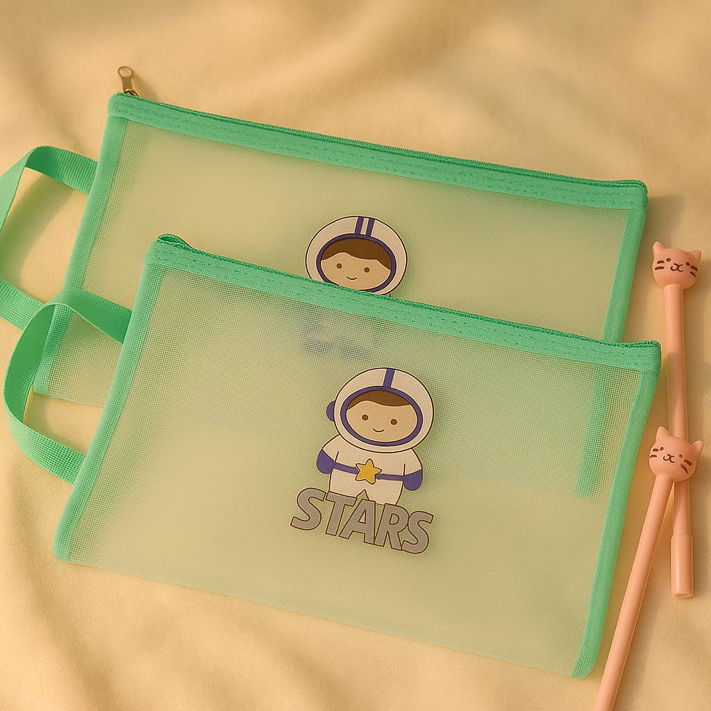 Stars Mesh Document Bag – Mint Green Trim