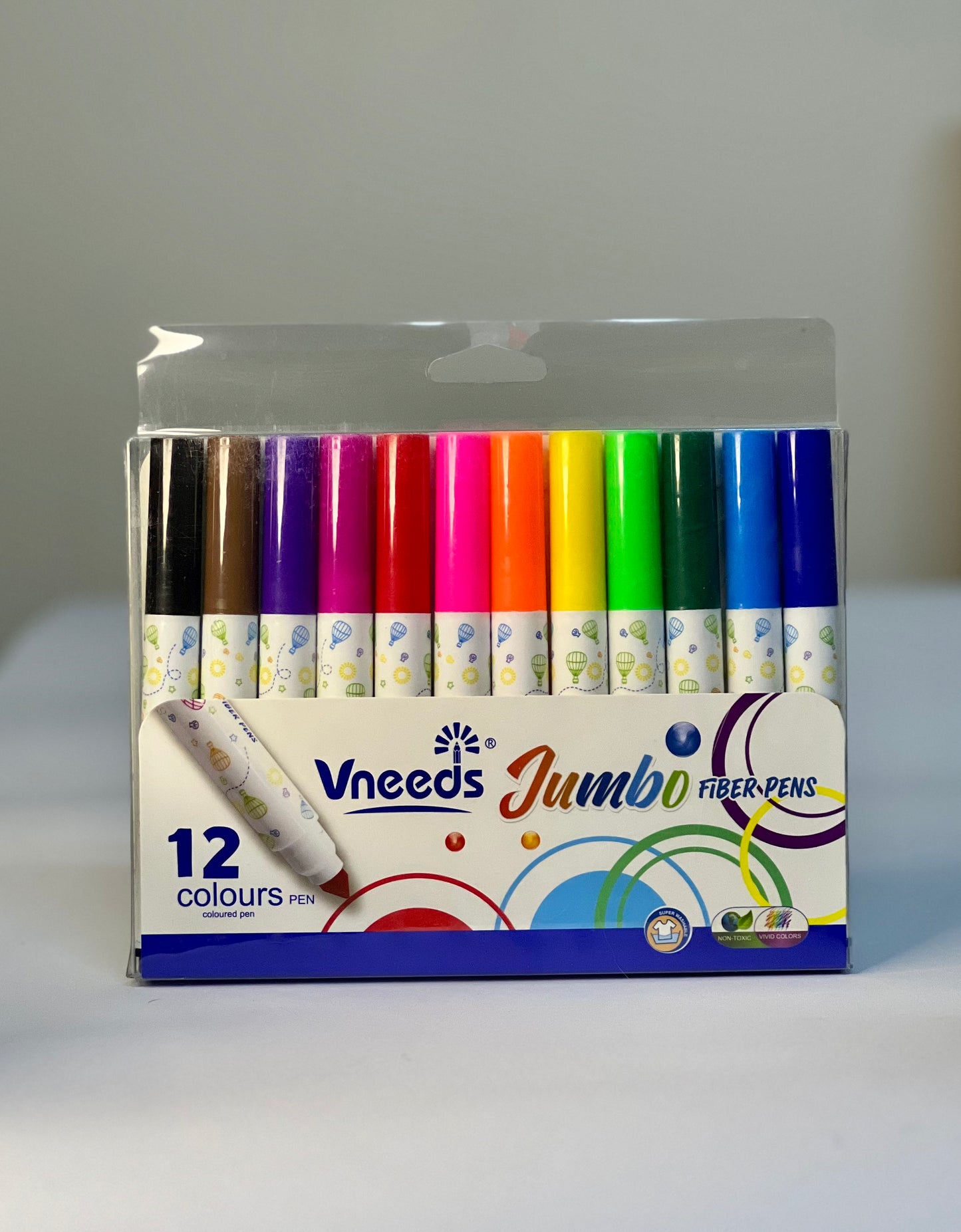 Vneeds Jumbo Washable Fiber Pens – 12 Colors