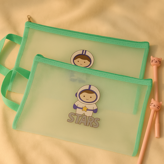 Stars Mesh Document Bag – Mint Green Trim