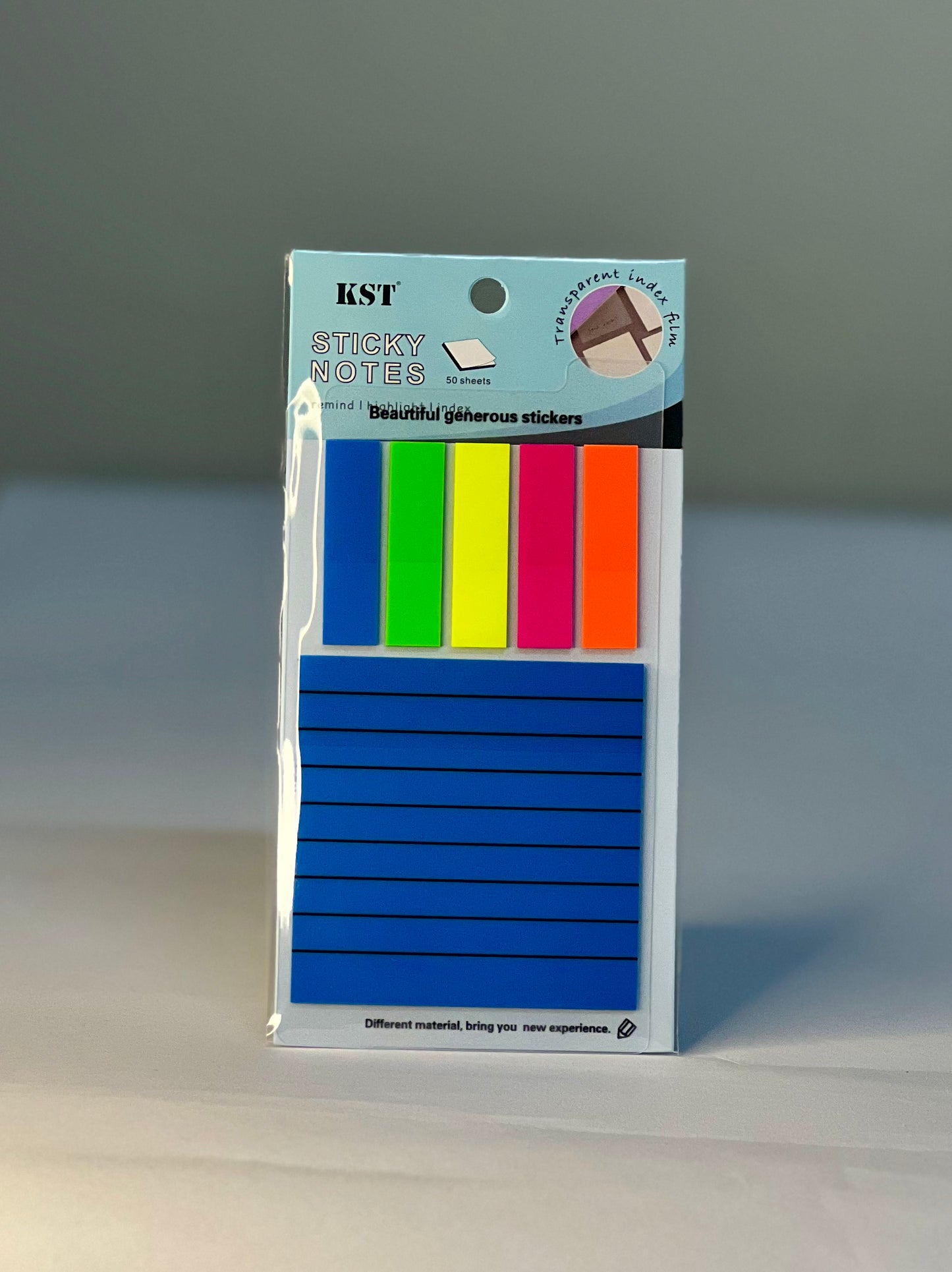 Neon Blue Sticky Note & Tab Set – Transparent & Lined